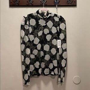 INC Mesh Tulip Green Leaf Floral Long Sleeve Mock Neck Size Medium NWT